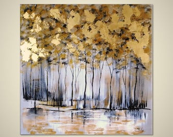 Abstract Gold Tree Original painting on canvas, Trees painting, Contemporary art, Gold Forest Modern art, Gold Leaf artwork, Grey painting