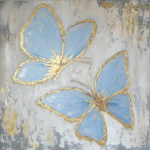 Grandi farfalle blu oro Dipinto originale su tela, Arte contemporanea, Arte moderna a farfalla, Opera in foglia d&#39;oro, Dipinto per camera da letto