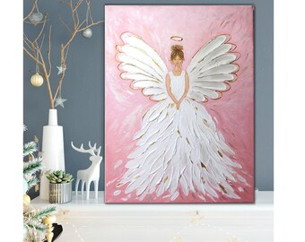 天使の絵画 天使の祝福 白い天使の羽 壁飾り キャンバスに描かれた天使