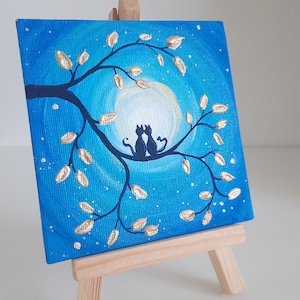 Loving Cats Tiny painting on canvas with easel, Love art, Miniature Two Cute Cats artwork, Table art for Bedroom, Valentines day gift