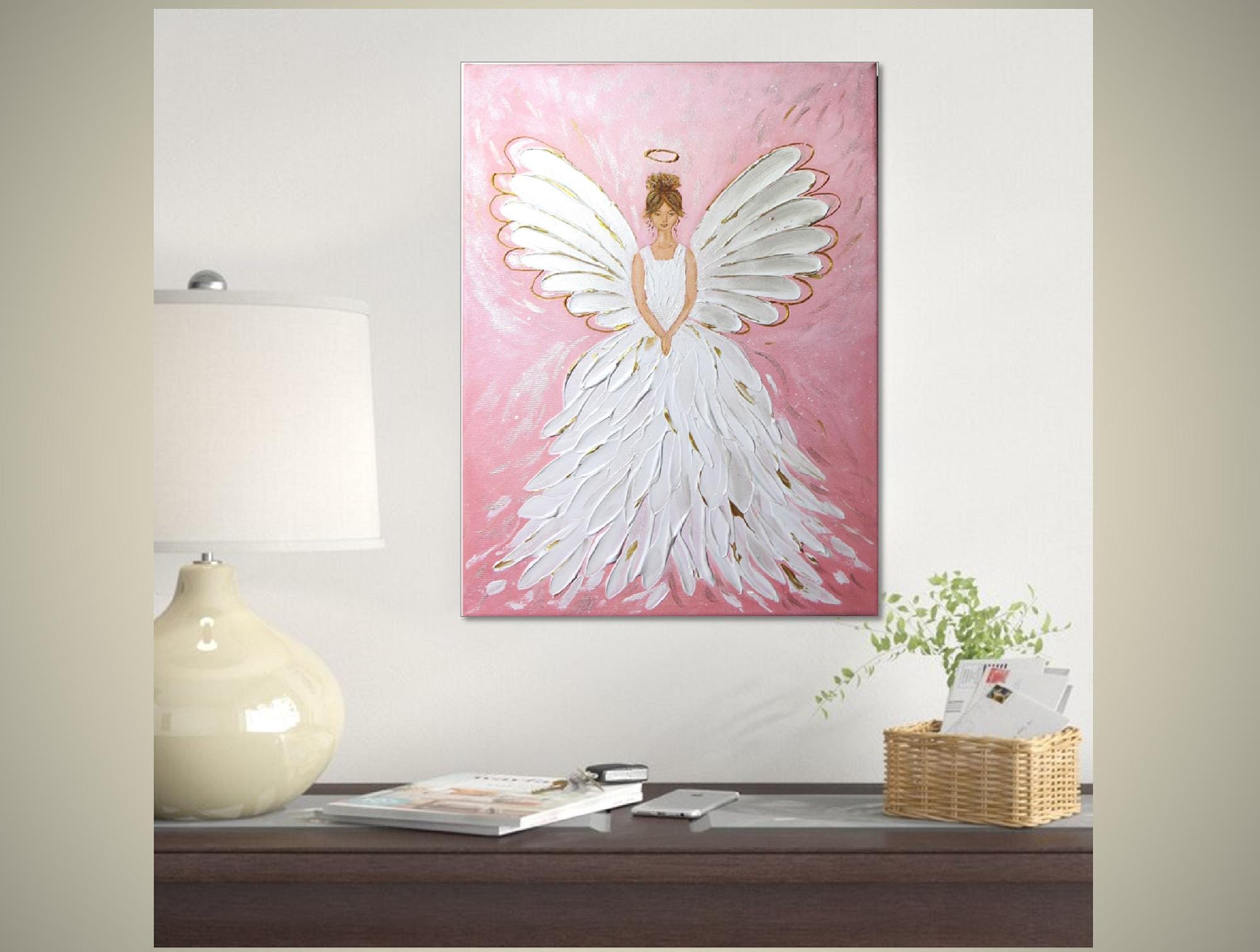 天使の絵画 天使の祝福 白い天使の羽 壁飾り キャンバスに描かれた天使