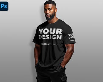 T-shirt Mockup | Man Model Crewneck T-shirt | PSD T-shirt Template | Customizable Apparel Mockup for Print on Demand