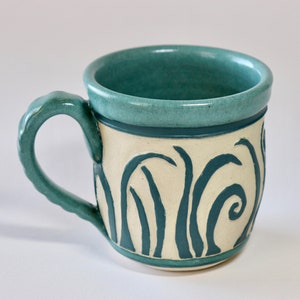 Coffee Mug, Sgraffito, Pottery Mug, Handmade Stoneware, Carved Grass, Pottery Anniversary Gifts, Housewarming Gift