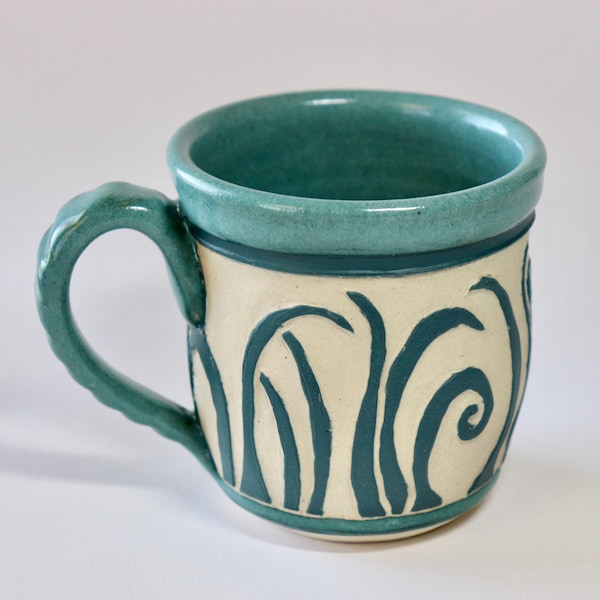 Coffee Mug, Sgraffito, Pottery Mug, Handmade Stoneware, Carved Grass, Pottery Anniversary Gifts, Housewarming Gift