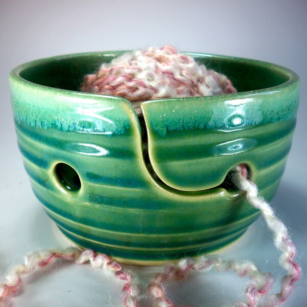 Yarn Bowl, Knitting Bowl,  Handmade Stoneware Pottery, Green Glaze, DIY Craft, Teen Gift