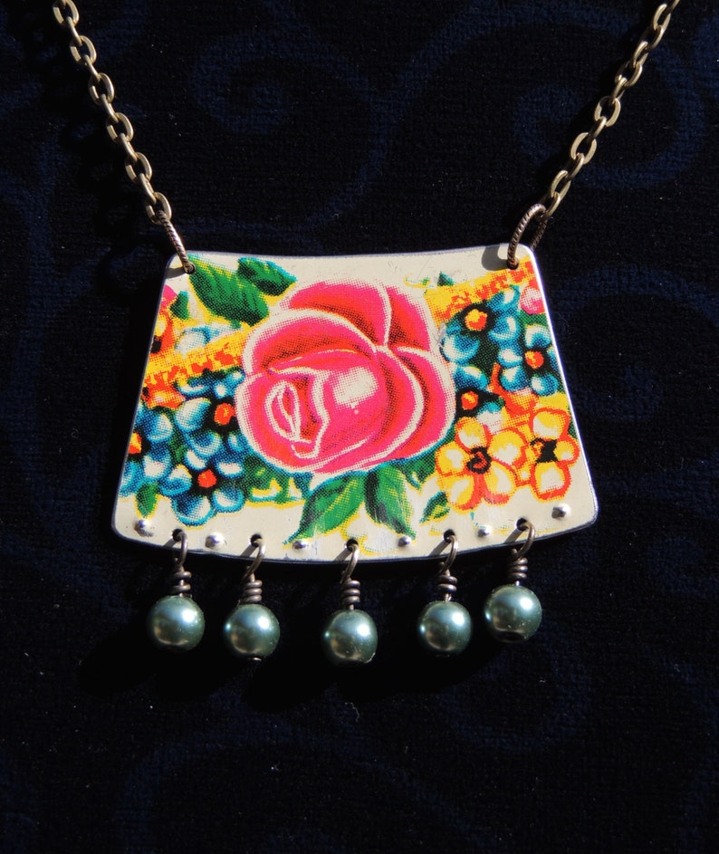 Tin necklace recycled tin tin jewelry printed tin flowers Etsy