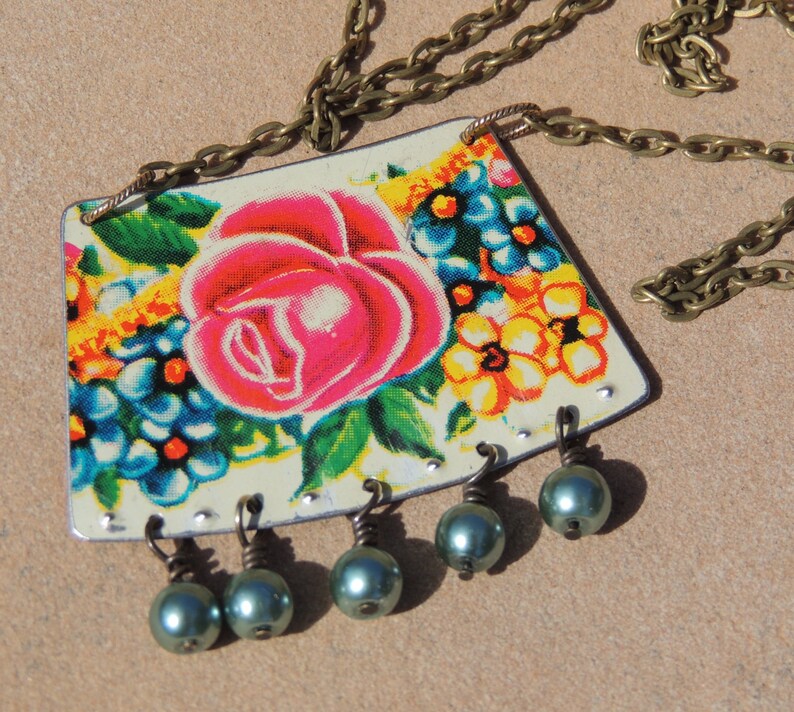 Tin necklace recycled tin tin jewelry printed tin flowers Etsy