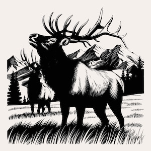 Bugling Bull Elk SVG | Elk Hunting Design Files | Laser Cut Files for Cricut | Bull Elk in Mountain Landscape | Sublimation