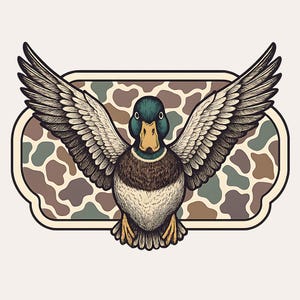 Camo Flying Mallard Duck PNG | Duck Hunting Sublimation Design | Vintage Hunting Art for Apparel & Prints | Digital Download for DTG
