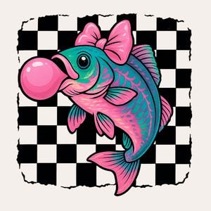 Bubblegum roze vis, png PNGEgg | Coquette Bass, PNG-bestand met strijkstok | Grappig kawaii-vissublimatieontwerp op geruite achtergrond