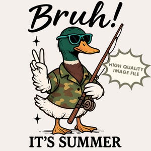 Pato divertido de verano PNG, ¡Es verano! Sublimación, Pato camuflaje genial con caña de pescar, Diseño de camiseta de pato con el símbolo de la paz, Archivo de impresión con humor de caza