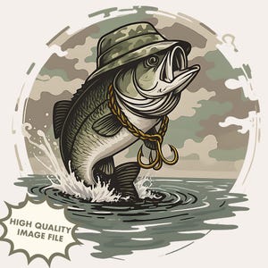 Camo Bass Fishing PNG Funny Fisherman Hat Fish Design | Jumping Largemouth Bass Graphic Sublimation for Anglers and Outdoor Fishing Lovers