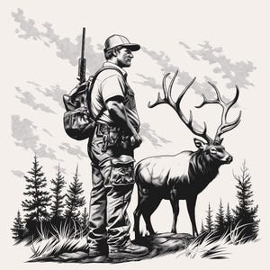 Jäger und Hirsch SVG | Hirsch und Jäger Silhouette | Deer Hunt Line Art Sublimation | Jagd Vektor für Cricut | Buck und Doe Clipart