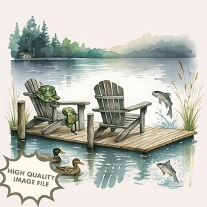 Lake Dock Fishing Scene PNG | Duck Hunting Sublimation | Rustic Outdoor Cabin Life Clipart | Relax Fishing Design