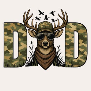 Deer Dad PNG, bois de camouflage avec sublimation de lunettes et de chapeau, impression de chemise de chasse pour la fête des pères pour les amateurs de plein air et de mâles