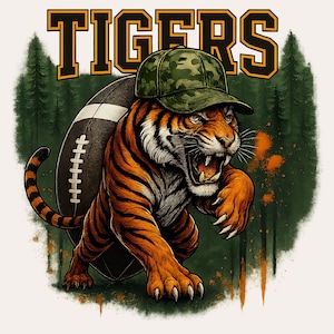 Disegno mascotte con sfondo mimetico Tiger Football PNG / Design mascotte con sfondo foresta / Sublimazione dello spirito di squadra Tigers / Download digitale per magliette e articoli per tifosi