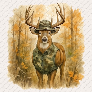 Camo Deer Hunting PNG | Whitetail Buck in Camouflage Vest and Hat | Autumn Forest Deer Sublimation Design | Funny Hunter Gift Print File