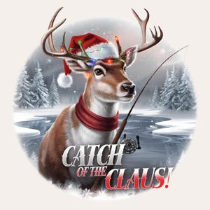 Père Noël à la pêche au cerf PNG | Téléchargement numérique de Noël pêcheur chevreuil | Design sublimé pour chemises | Cerf rigolo avec canne à pêche