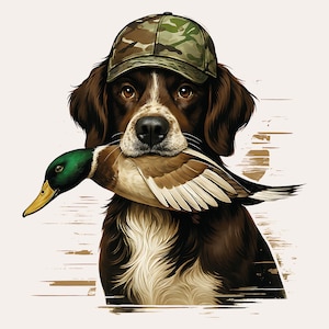 Perro cazador PNG / Sombrero de camuflaje retriever con pato / Diseño de trofeo de caza / Arte de perro de caza / Impresión por sublimación / Archivo DTF para camisa de hombre