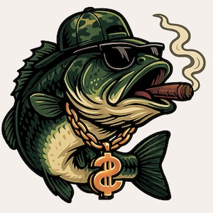 Pez lubina gangster PNG, divertido diseño de pesca con gorra, gafas de sol, cigarro y cadena, sublimación genial para camisa de pescador o envoltura de vaso