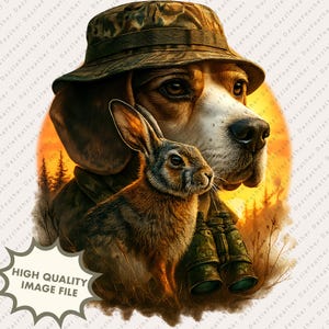 Beagle and Rabbit Hunting PNG | Dog in Camo Hat with Binoculars at Sunset | Rabbit and Beagle Sublimation Design | Hunting Dog Gift Clipart