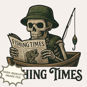 Pescador esqueleto en bote PNG / Leyendo el periódico Fishing Times / Sublimación de calavera de pescador divertida / Clipart de humor de pescador espeluznante