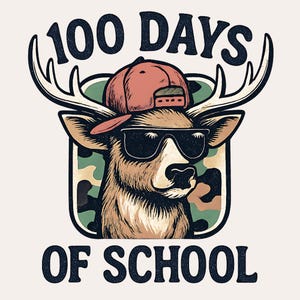 100 Dias de Escola Veado PNG, Veado Legal com Camuflagem e Sublimação de Boné, Camiseta Escolar Infantil Estilo Caça Engraçada Estampa para Meninos ou Professores