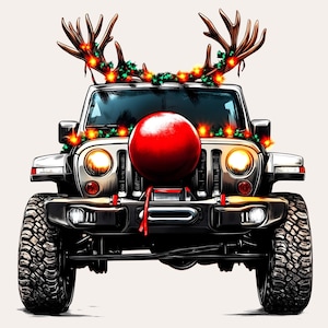 Kerstjachttruck, png PNGEgg | Feestelijke jagersauto met slingers, rode neus en gewei | Digitaal sublimatiebestand | Vakantieclips