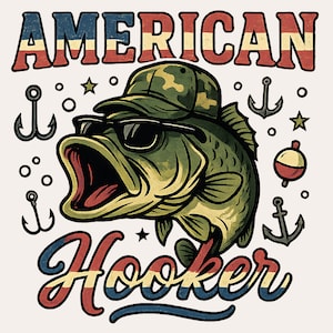 American Hooker Bass PNG | Conception amusante de sublimation de pêche | Chapeau camouflage poisson avec lunettes de soleil | Chemise de pêche patriotique imprimée