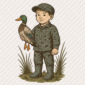 Young Hunter with Duck PNG | Boy in Camo Holding Mallard Duck Sublimation Design | Youth Waterfowl Hunting Scene Digital Print File