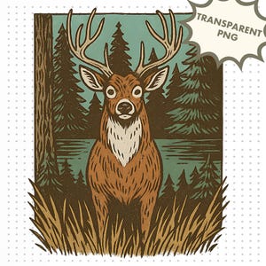 Vintage Deer Hunting PNG Sublimation | Rustic Buck in Pine Forest by Lake | Retro Hunting Clipart for Outdoorsmen | Transparent Print File