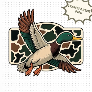 Flying Duck PNG with Camo Background Sublimation, Mallard Hunting Clipart for Outdoor Shirt Design, Country Waterfowl Print File