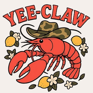 Yee-Claw langoesten, png PNGEgg | Cowboygarnaal met camouflagehoed en citroenen | Grappige zuidelijke zeevruchtensublimatie voor T-shirts en mokken