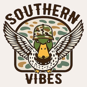 Southern Vibes PNG | Funny Duck with Cap and Spread Wings | Rustic Country Boy Mallard Hunting Sublimation Design for Shirts Mugs