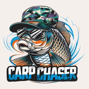 Chasseur de carpes PNG | Conception drôle de sublimation de pêche de carpe | Chemise de pêche à la carpe commune PNG | Poisson avec casquette et lunettes de soleil