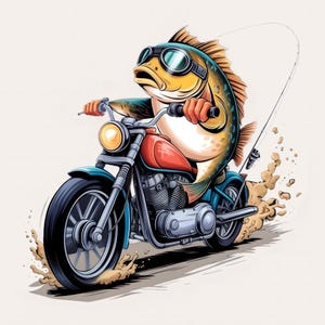 Poisson à moto PNG | Design cool en sublimation pour chevaucher un poisson | Design amusant de vêtements et de t-shirts pour poissons | Fond transparent