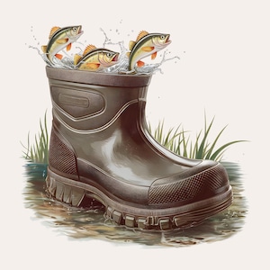 Bottes avec poisson PNG | Motif poisson amusant sur des bottes en caoutchouc | Illustration imprimable pour les amateurs de pêche | Décorations de fête, invitations et travaux manuels