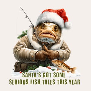 Papá Noel tiene algunas historias serias sobre peces PNG / Diseño divertido de pesca navideña / Pez con gorro y traje de Papá Noel / Arte invernal de sublimación