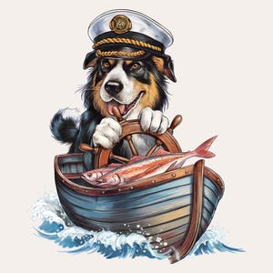 Captain Dog en chapeau bleu marine avec prise PNG | Conception mignonne de capitaine de bateau de chien | Illustration imprimable pour les amateurs de pêche