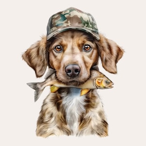 Perro con pez en la boca PNG / Perro de caza con pez / Diseño divertido de pesca / Arte de perro atrapando peces / Archivo de impresión de sublimación de pesca