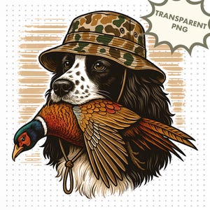 Perro de caza png / Perro de caza camuflaje con faisán en la boca, archivo de impresión de imagen de sublimación de 300 ppp para hombres, cazadores, amantes de los perros perdigueros al aire libre