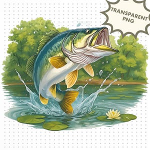 Jumping Largemouth Bass PNG Sublimation Design | Realistic Fishing Lake Scene with Splashing Bass Graphic for Anglers and Outdoors Lovers