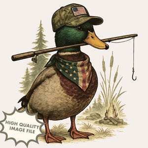 Pato patriótico PNG / Pato pescador con sombrero y pañuelo de EE. UU. Sublimación / Diseño divertido de América al aire libre / Clipart de pato con caña de pescar