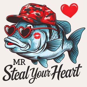 Pesca del día de San Valentín PNG / Sublimación de lubina para San Valentín / Diseño de camiseta de pesca para niños / Pez con gorra al revés PNG