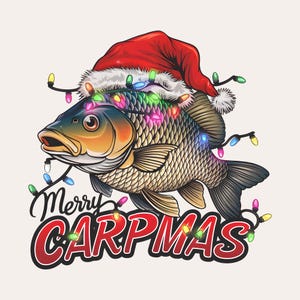 Joyeux Carpmas PNG | Conception drôle de chemise de pêche de Noël | Bonnet de Noel carpe poisson PNG à sublimation pour pêcheurs