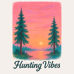 Jagd Stimmung PNG | Sonnenuntergang See Waldszene Sublimation | Retro Landschaft Natur Print | Rustikales Jägerhemd Design