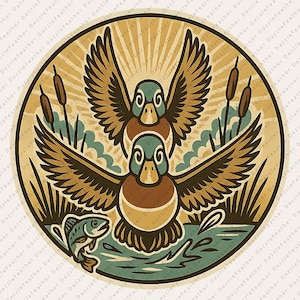 Flying Ducks with Fish PNG | Vintage Waterfowl Hunting Scene Sublimation Design | Retro Duck Hunter Nature Wildlife Digital Print File