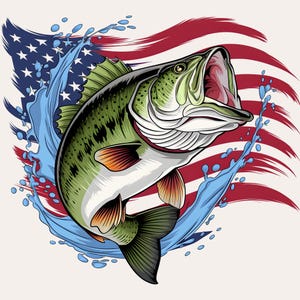 Achigan à grande bouche par sublimation PNG | Conception PNG de pêche | Drapeau américain basse PNG | Art de sublimation de pêche à l'achigan | Pêcheur png