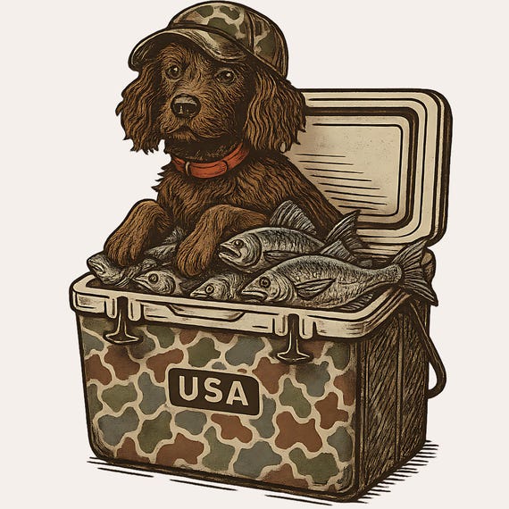 Hunting Fishing Dog PNG Retriever With Fish in USA Camo Box