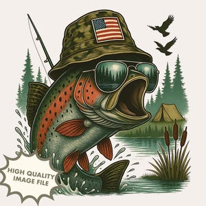 Pez camuflaje divertido PNG / Diseño patriótico de pesca / Lubina con sombrero y gafas / Arte de sublimación / Archivo de impresión DTF / Humor para pescadores / Bandera de EE. UU.